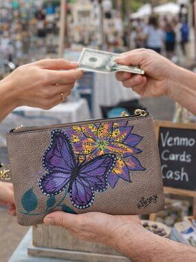 Artisan Taupe Tan Hand Painted Wristlet Clutch with Green & Purple Floral Accent